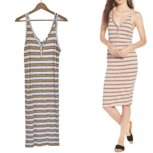 All in Favor Ribbed Tank Midi Dress Size Large, Grey with Blue and Yellow Stripe